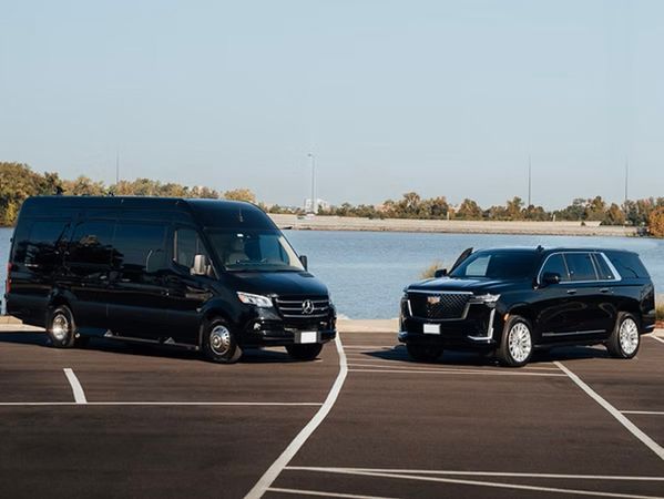 Black van and SUV parked on pavement with lake background.