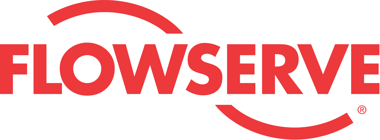 Flowserve logo: red text with curved lines above and below.
