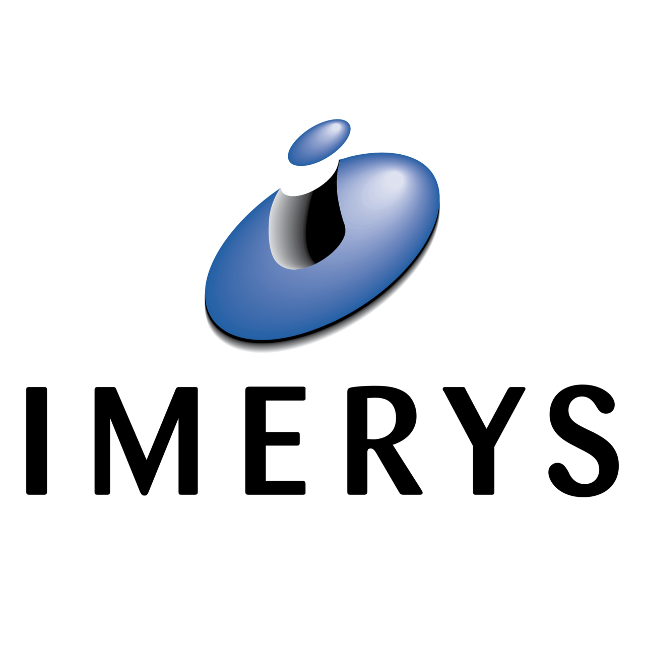 Logo of Imerys: blue oval with a white and black abstract shape, black text 