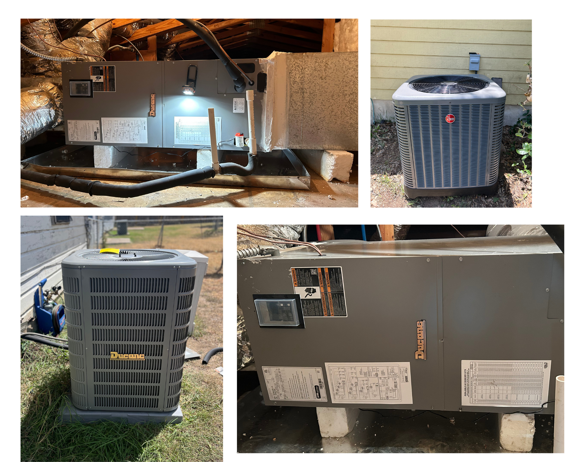 Man in orange hat and tool belt working on an outdoor HVAC unit on a wooden building.