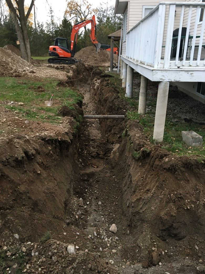 An excavator is digging a hole in the ground in front of a house.