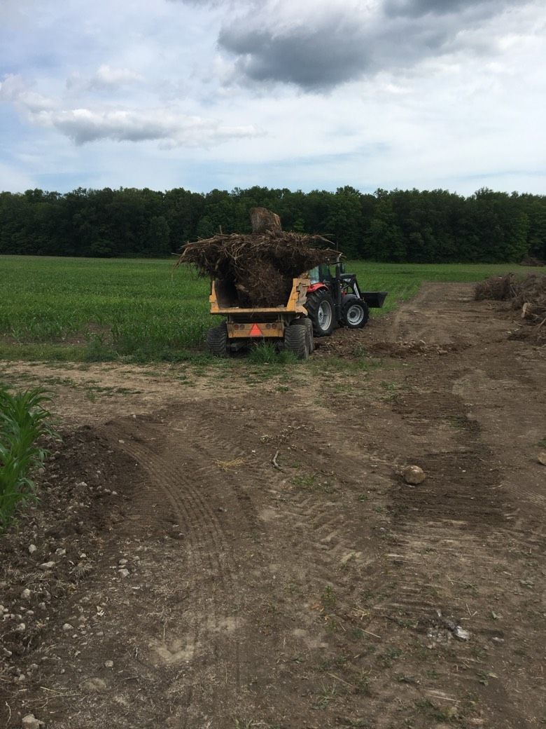 A dump truck is carrying a large pile of dirt in a field.