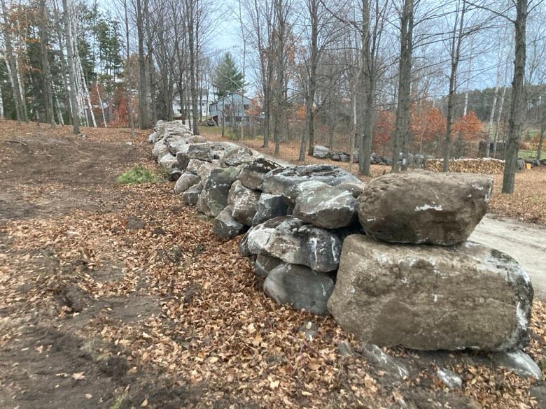 A stone wall is surrounded by trees and leaves in a field.