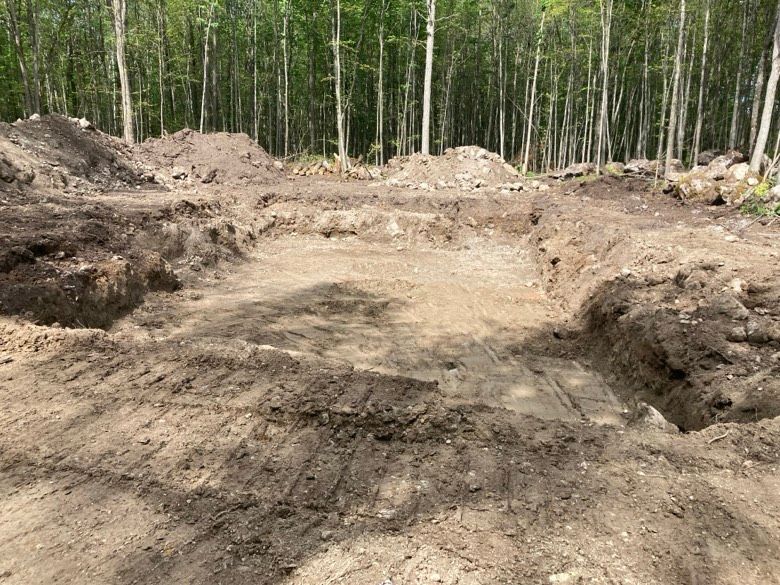 A large pile of dirt is sitting in the middle of a forest.