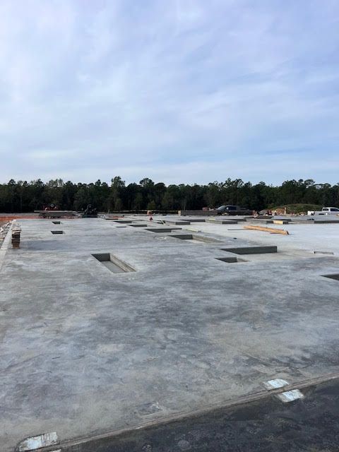 A large concrete area with a lot of holes in it and trees in the background.