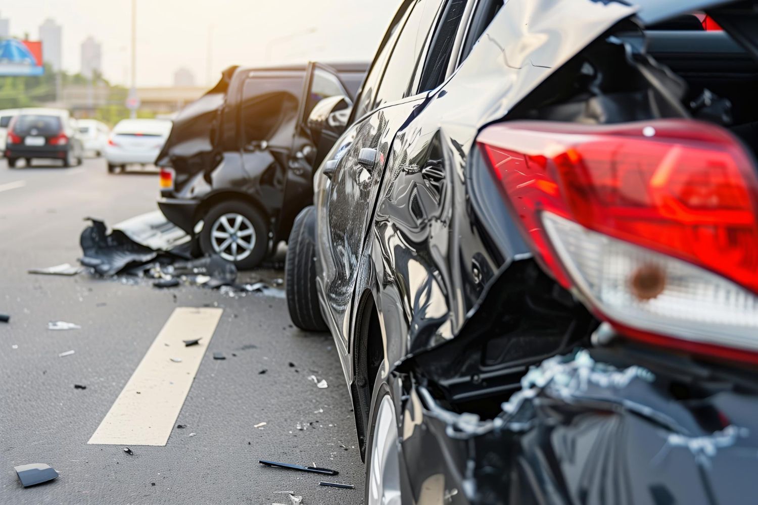 Two black cars involved in a highway accident with visible body damage and debris scattered across the road.