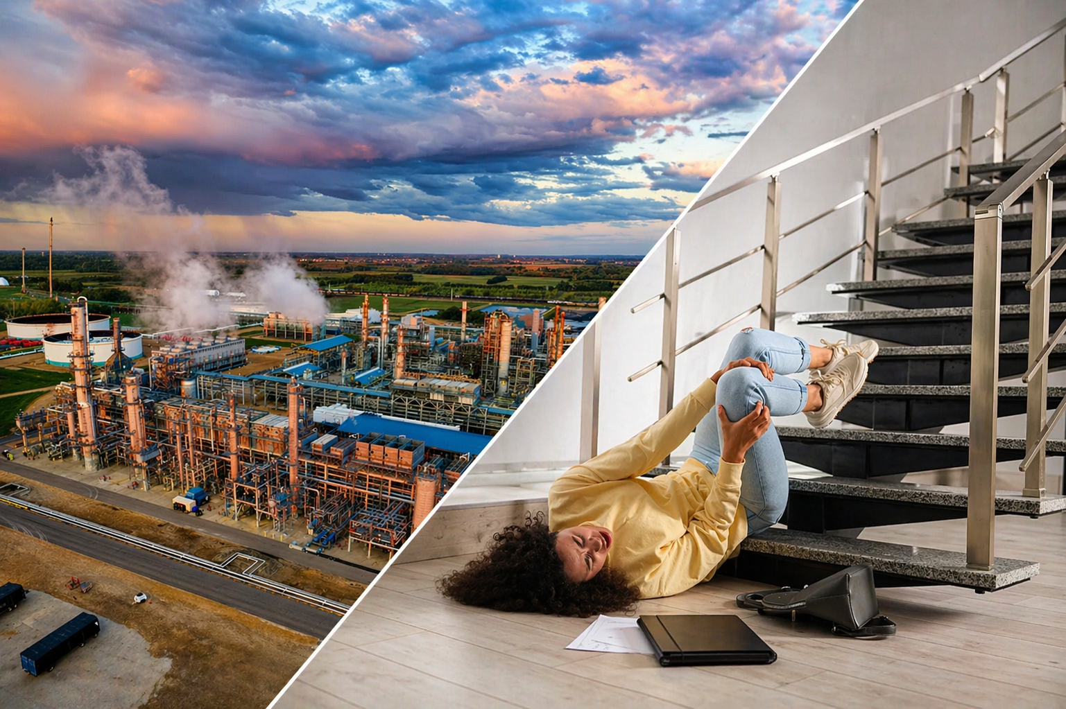 An aerial view of an industrial oil refinery at sunset, featuring tall pipes, storage tanks, and steam rising into clouds in top diagonal portion and bottom portion of image showing person holding knee after falling from stairs