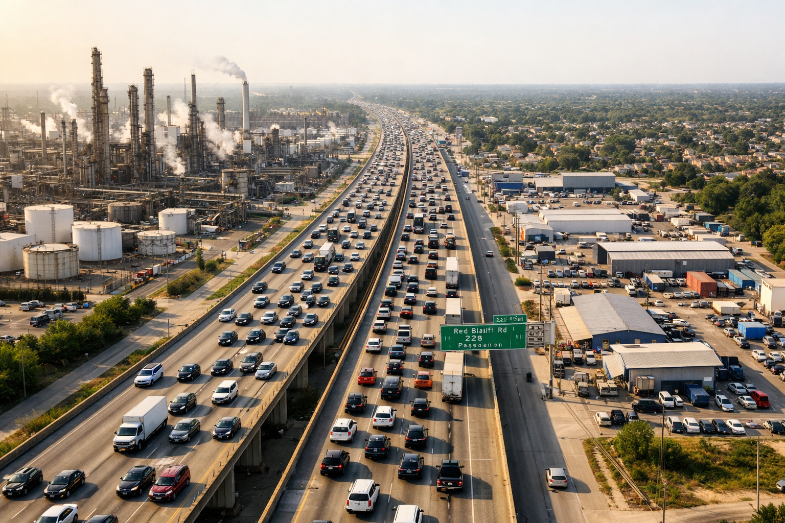 A distant view of the Pasadena, Texas skyline from Highway 225 vantage point looking east. Petrochemical refineries can be seen  to the left of highway and industrial buildings with neighborhoods in the distance to  the immediate right of highway . Time of day is late afternoon and there is a lot of traffic on highway.