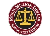 A circular logo featuring a gold scale of justice on a black background