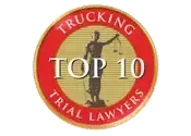 A red and gold circular logo reading "TRUCKING TOP 10 TRIAL LAWYERS" with a silhouette of Lady Justice in the center.