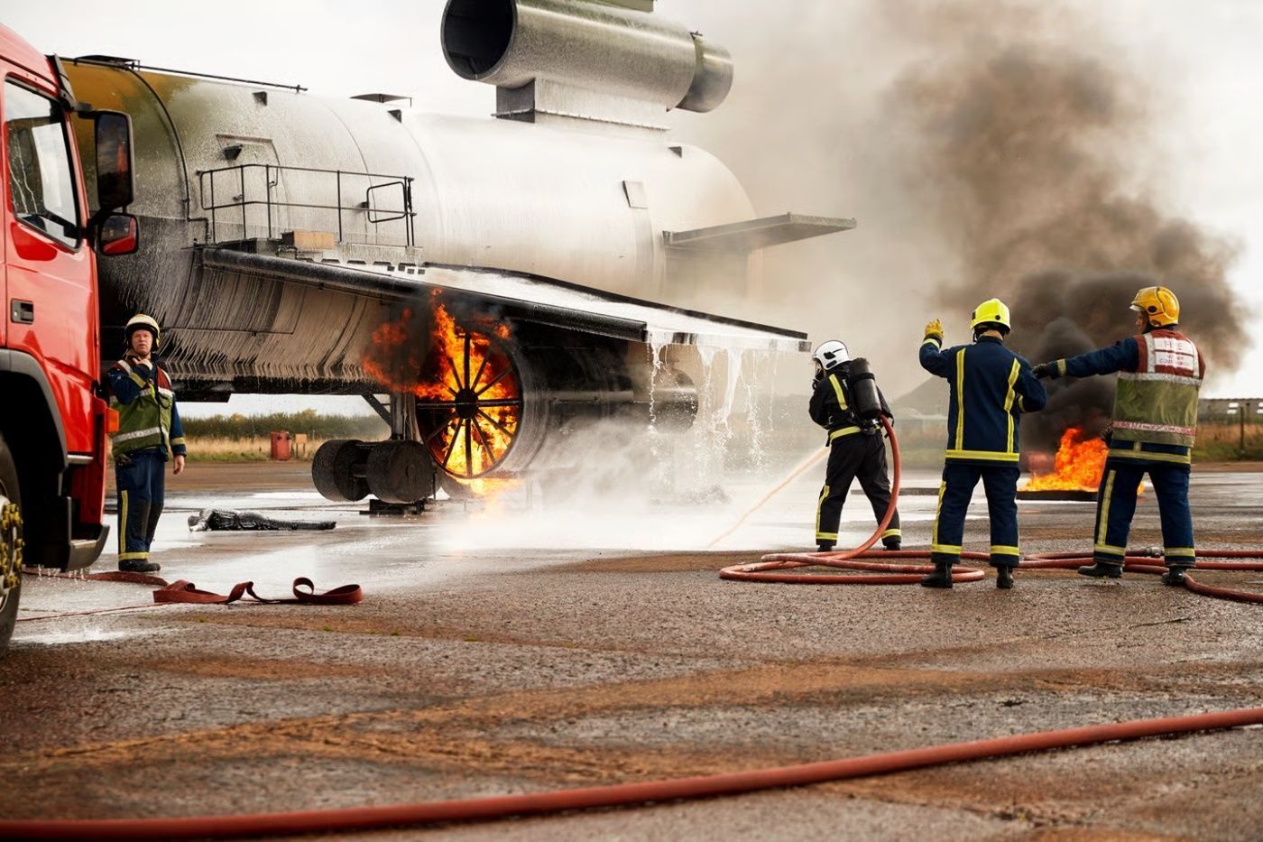 Firefighters extinguish a plane engine fire on a runway using hoses and foam.