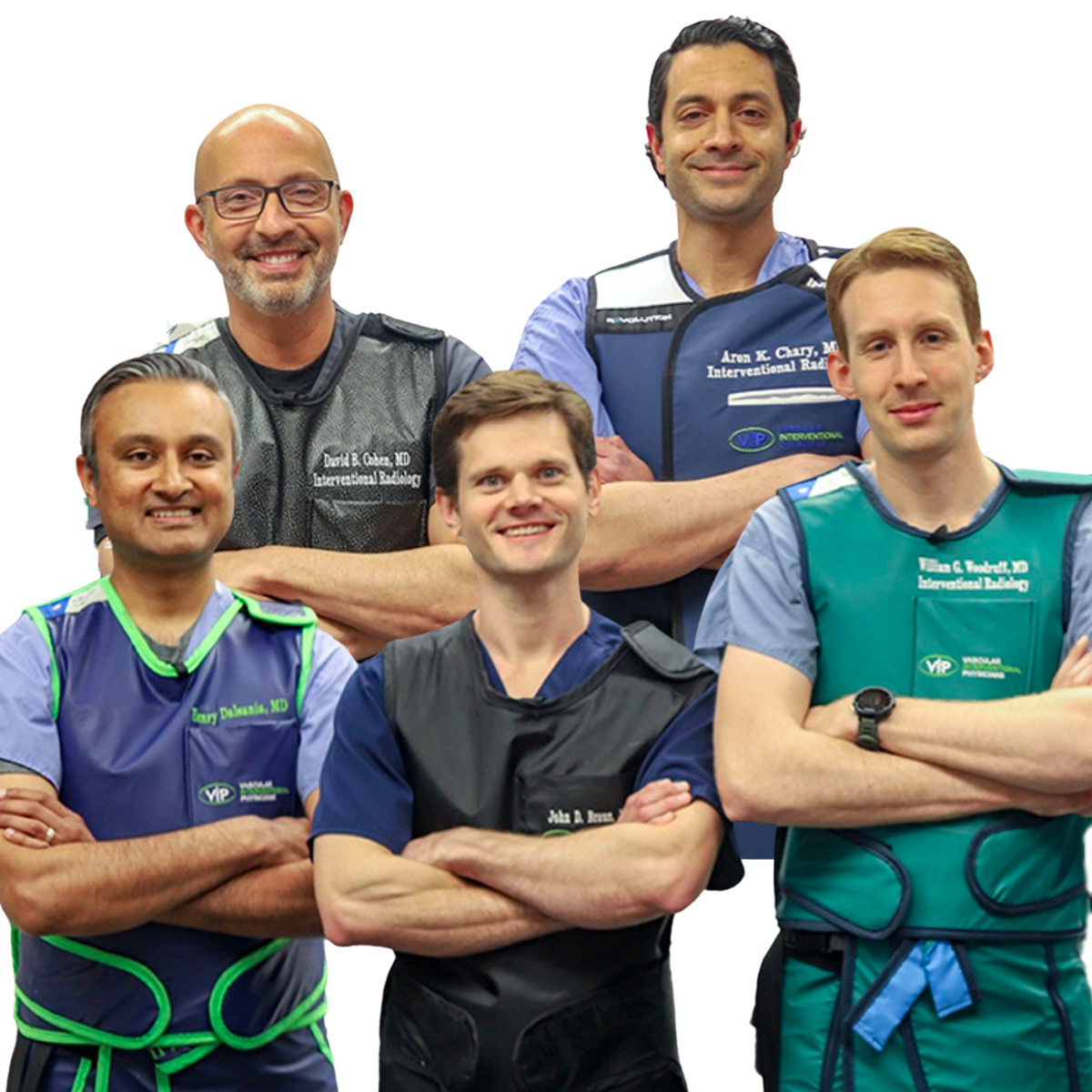 Five doctors in radiation protection vests pose with arms crossed, smiling against a blue backdrop.
