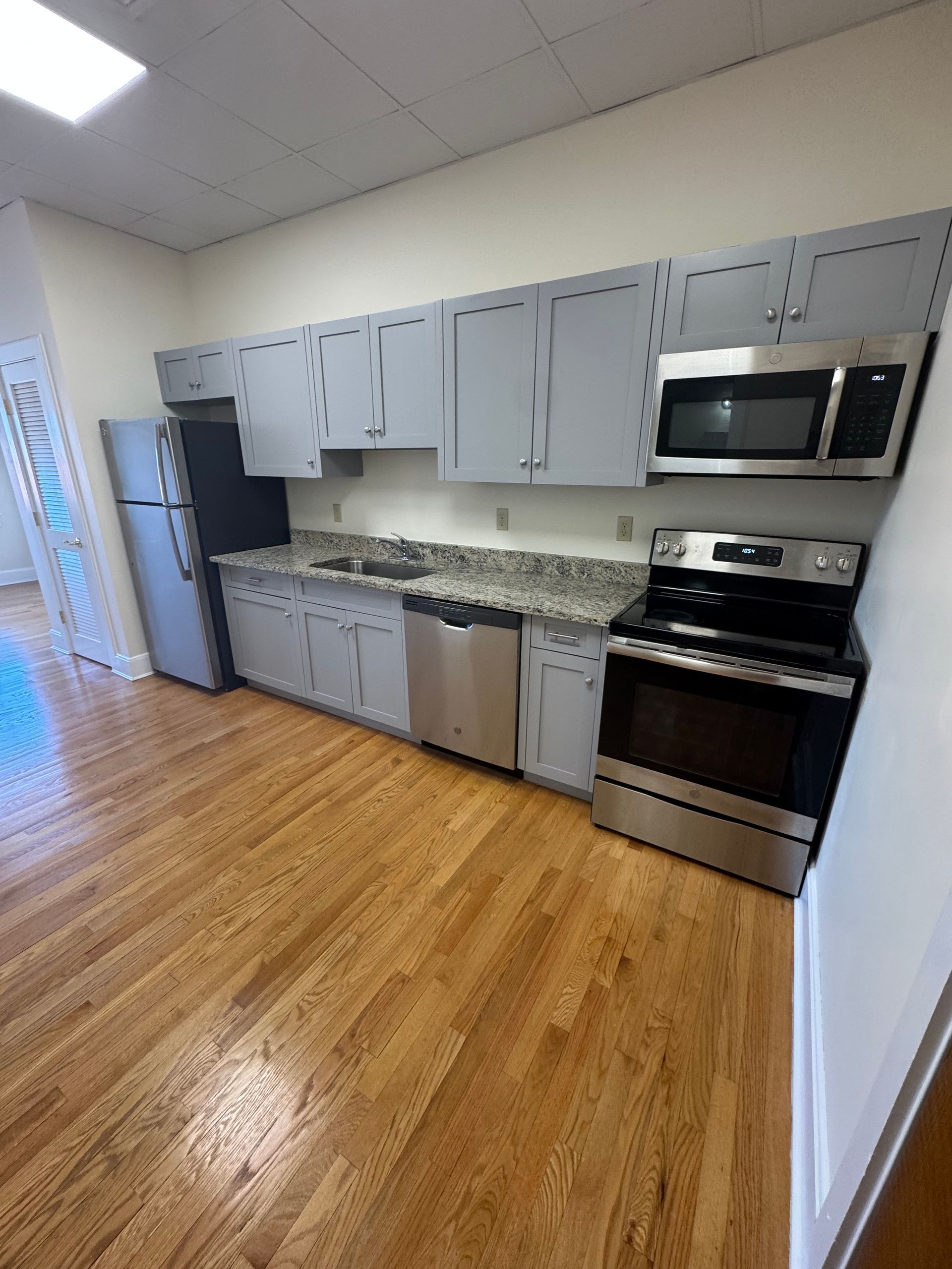 Kitchen with gray cabinets, stainless steel appliances, and hardwood floors.