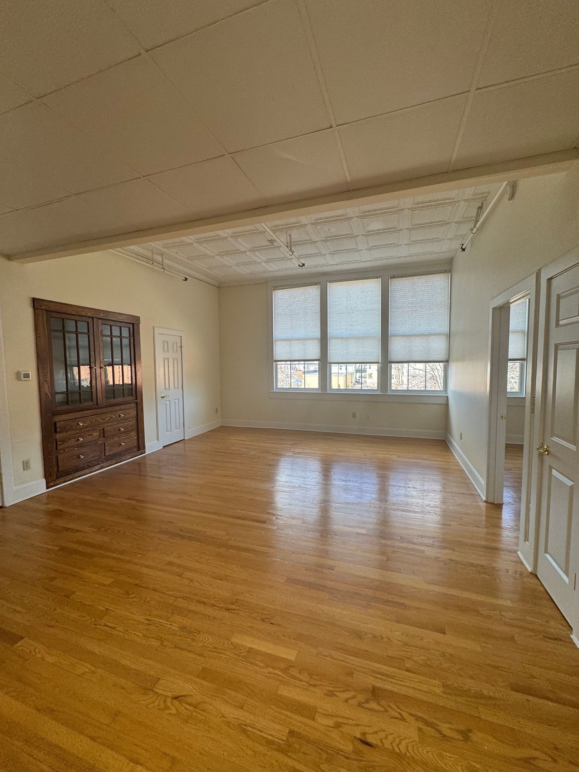 Spacious living room with hardwood floors, large windows, built-in storage, and multiple doorways.