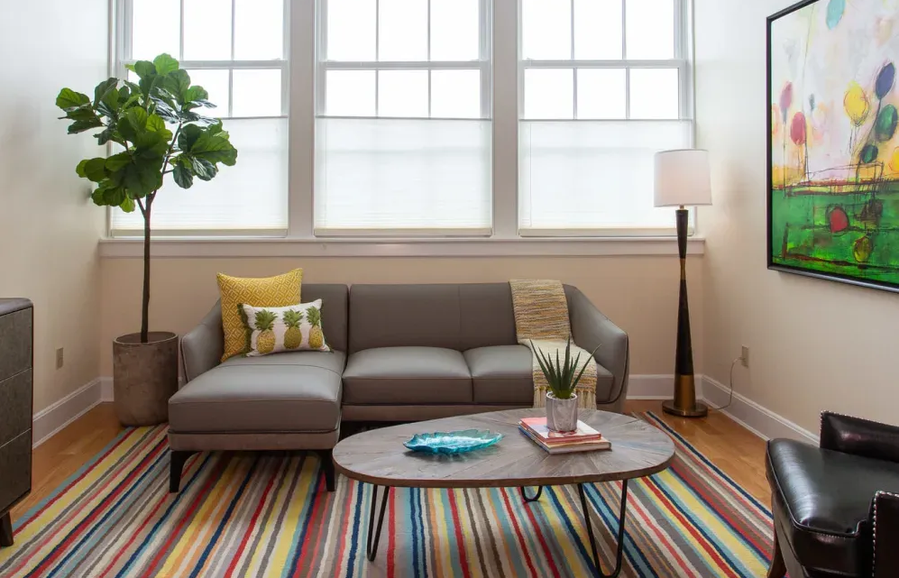 Living room with gray sofa, striped rug, large windows, and colorful artwork.