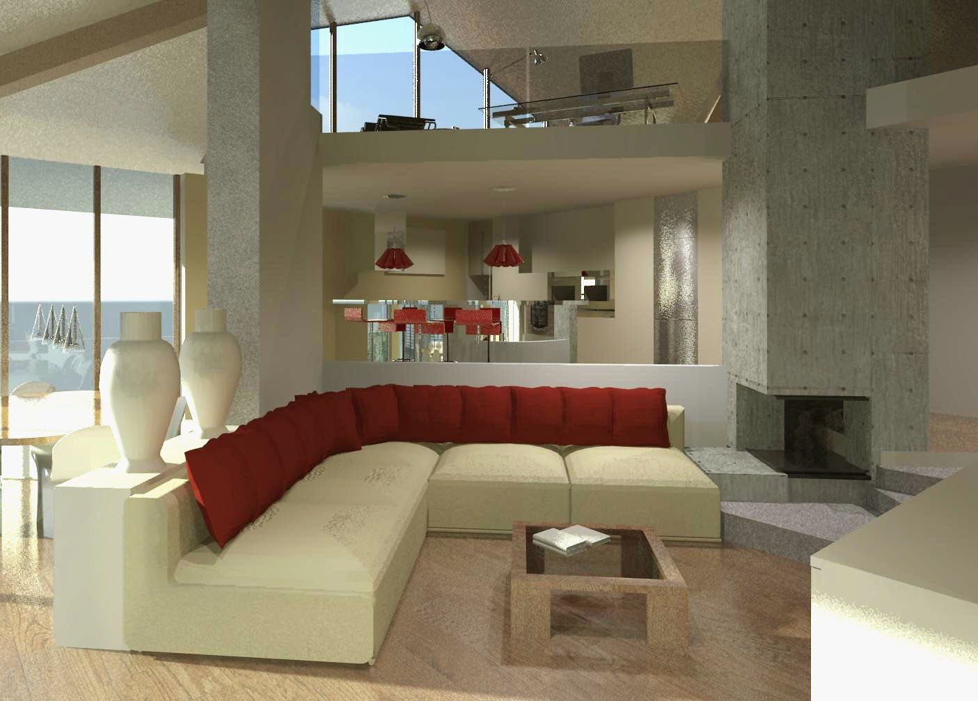 Soggiorno moderno con divano componibile, cuscini rossi, tavolino, camino e cucina a vista al piano superiore.