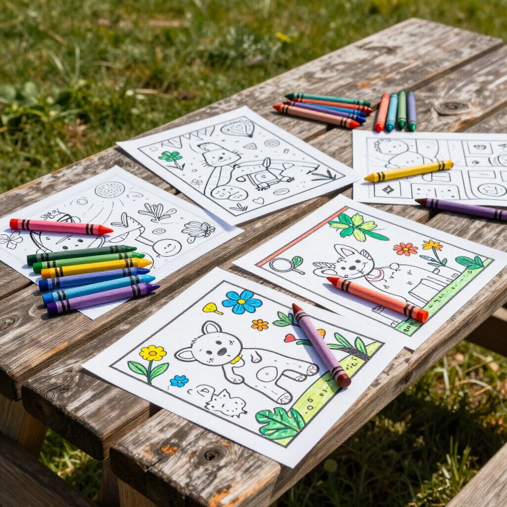 Coloring pages with crayons on a wooden table outdoors.