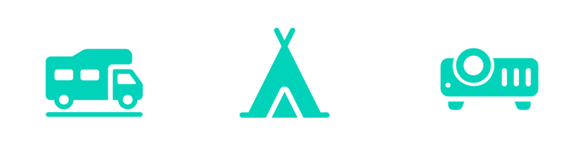 A camper van , a tent , and a projector are icons on a white background.