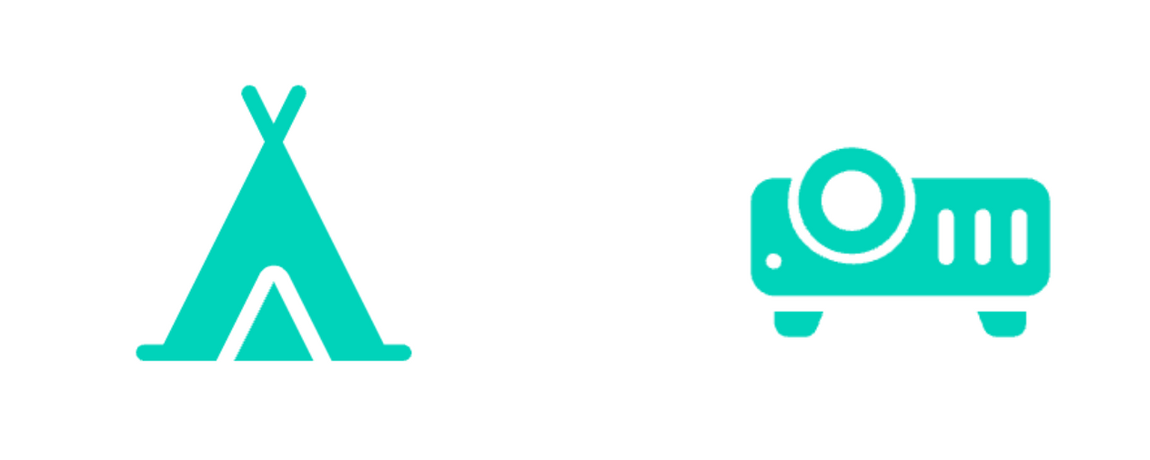 Icons of a motorhome, teepee, and projector in teal.