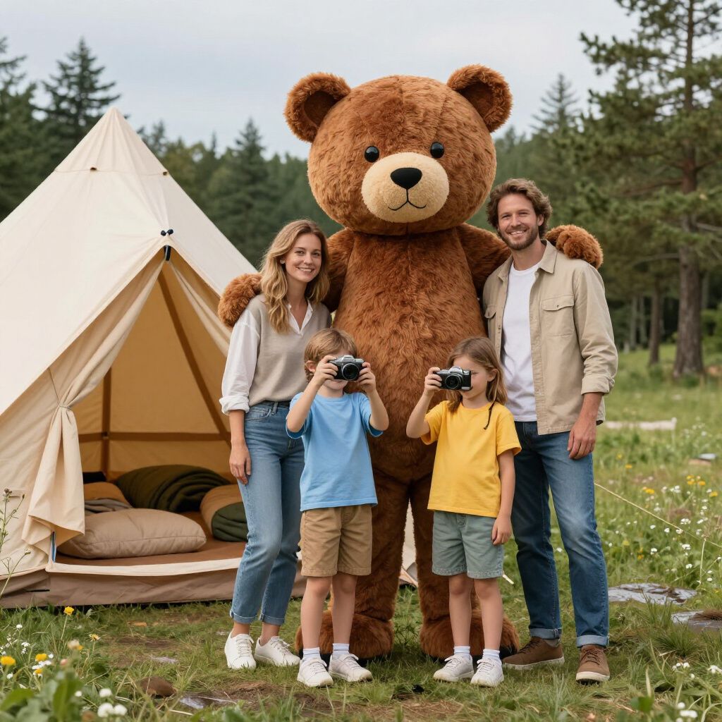Family and large teddy bear posing for photo by tent in the woods; children holding cameras.