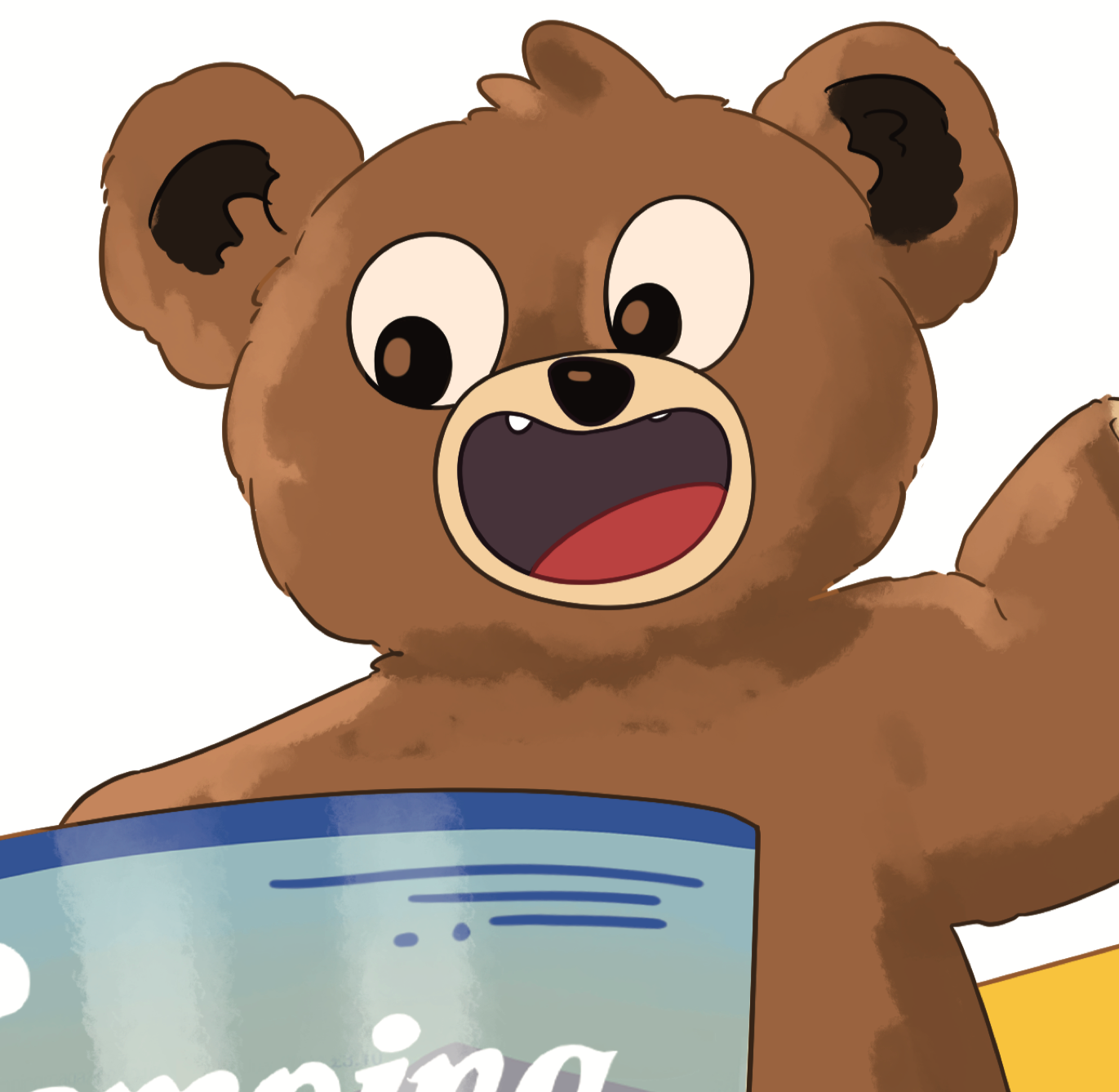 Brown bear with wide eyes and open mouth, holding a blue container, appearing excited.