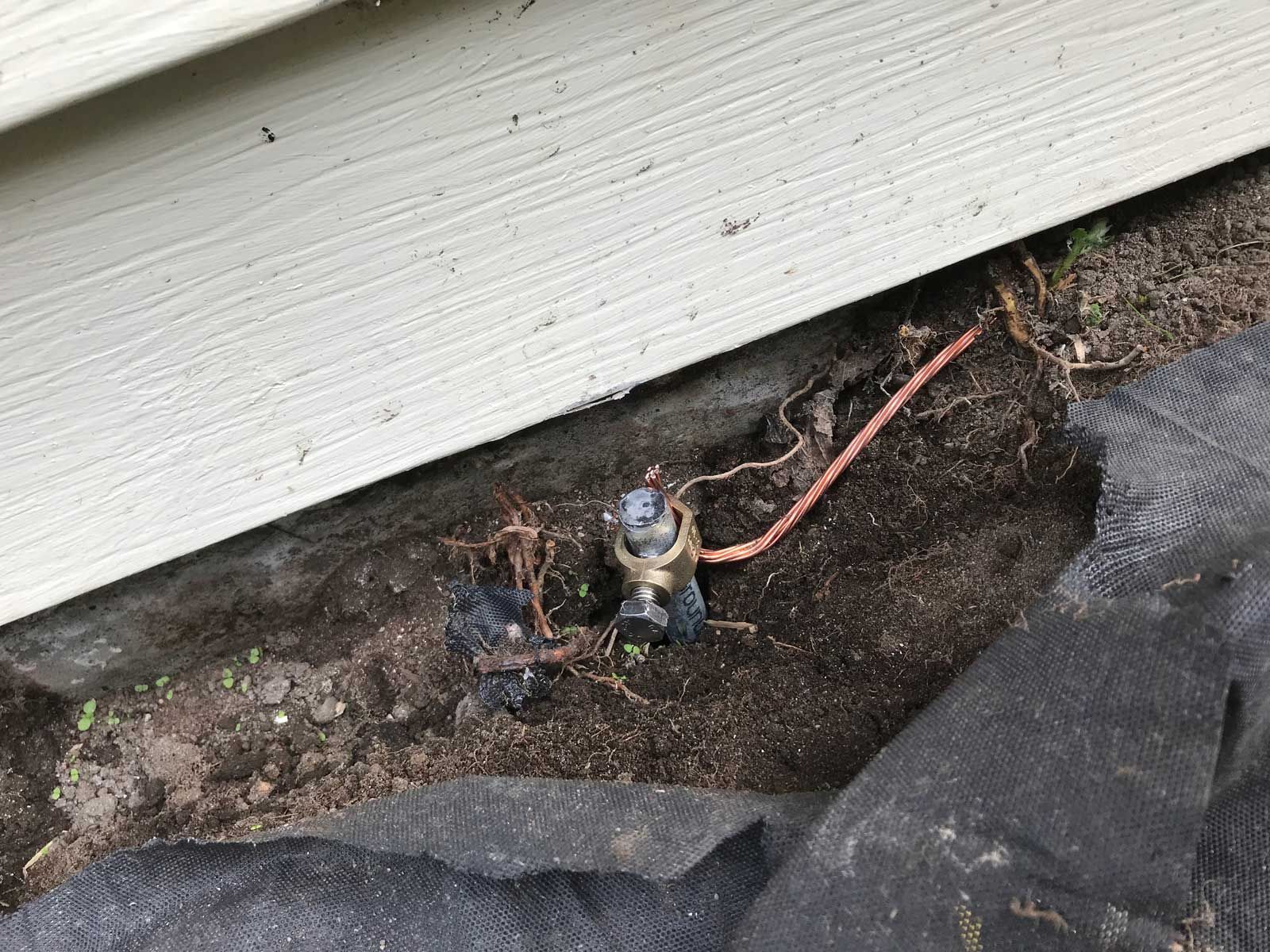 A hose is sitting in the dirt next to a house.