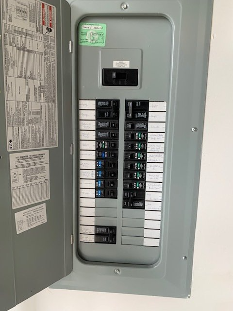 A close up of a electrical panel with the door open
