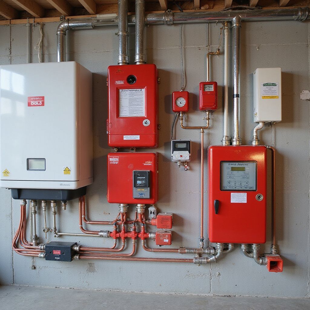 Red and white HVAC system components mounted on a concrete wall with copper pipes.