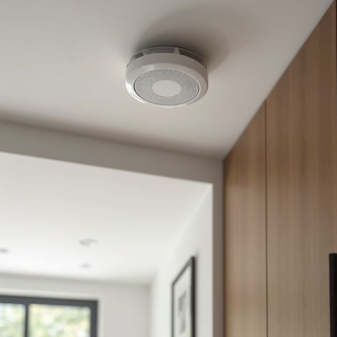 Smoke detector mounted on a white ceiling, near wooden paneling.
