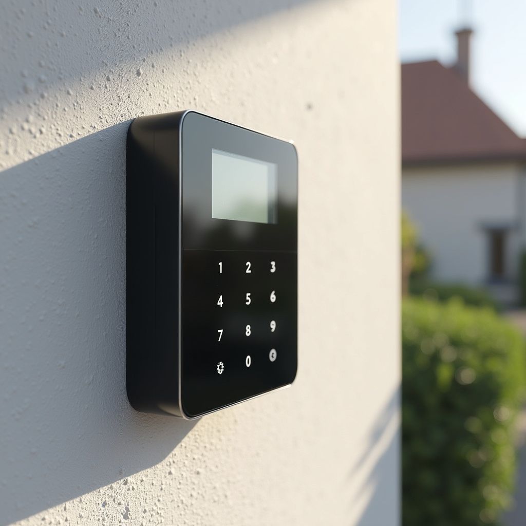 Black security keypad mounted on a light-colored wall, displaying a screen and number buttons.