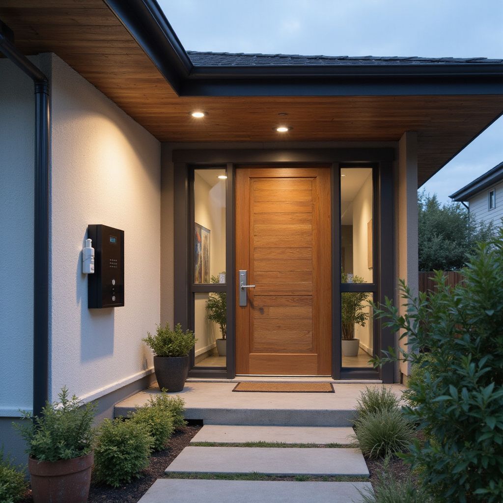 Front door of a modern house with wood and glass accents, lit by overhead lights, steps leading to entrance.