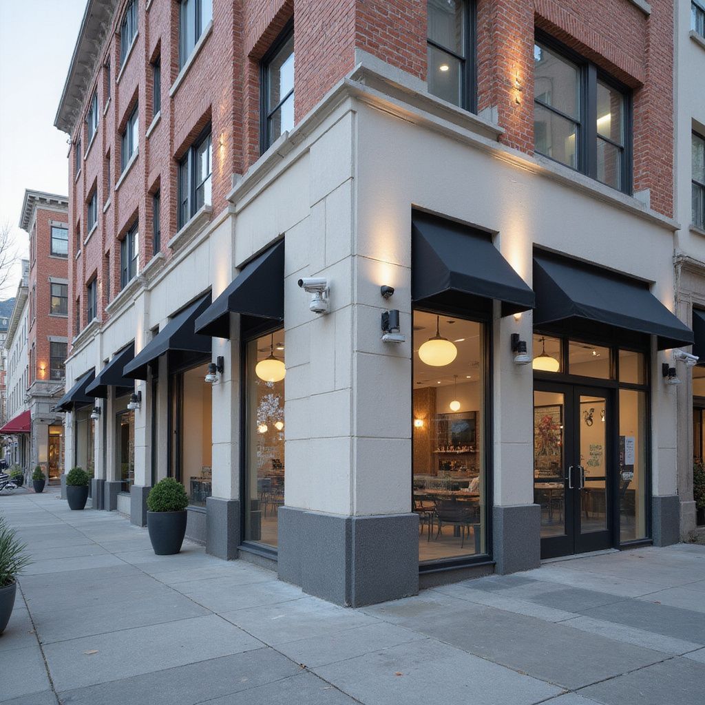 Corner building with large windows, black awnings, and potted plants on sidewalk.