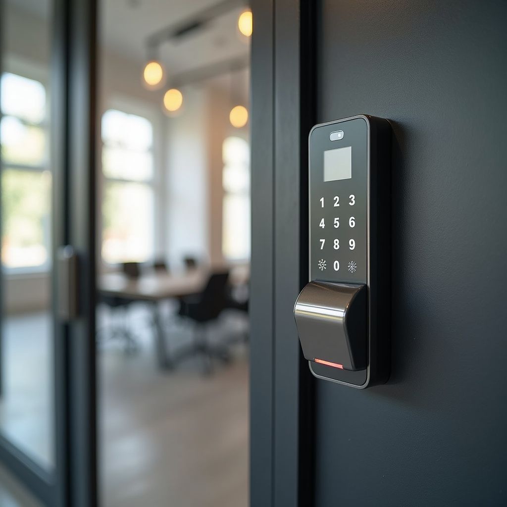 Digital keypad lock on a black door; a conference room is visible in the background.