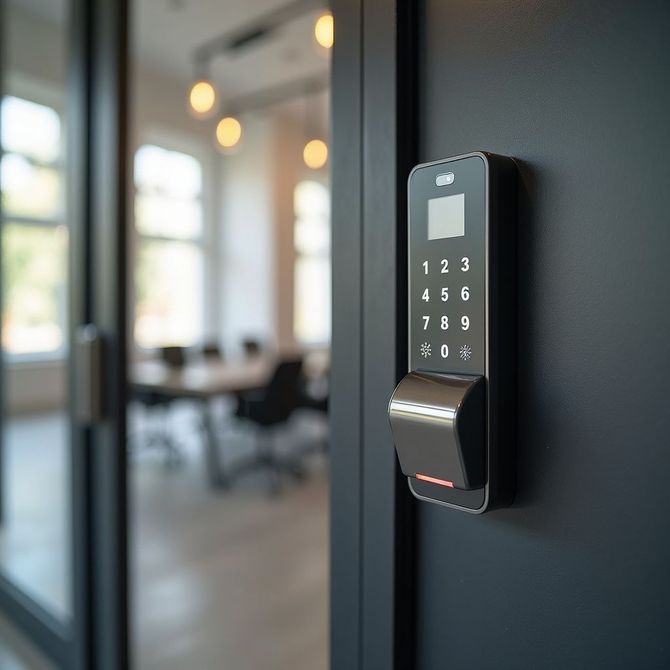 Electronic keypad lock on a black door, with a glimpse of an office conference room in the background.