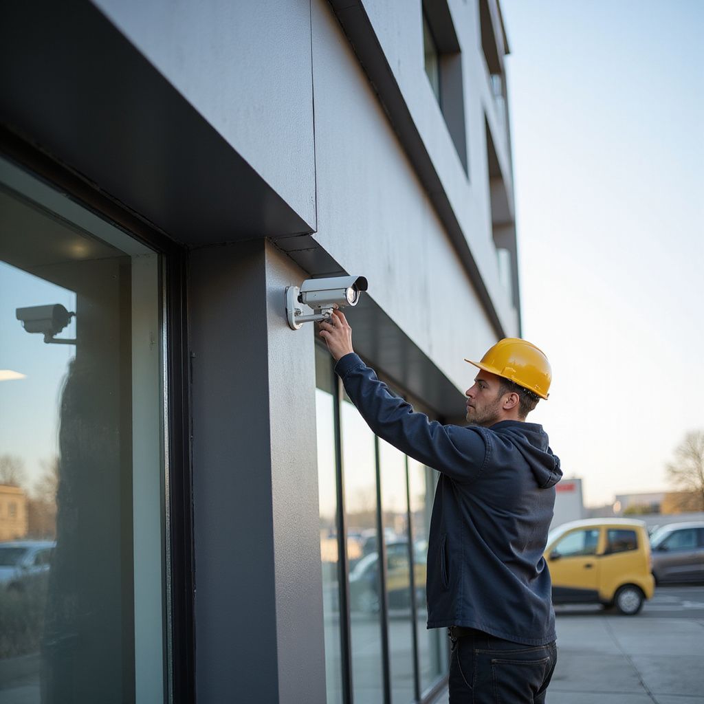 A person in a yellow hard hat installing a security camera on a building exterior.