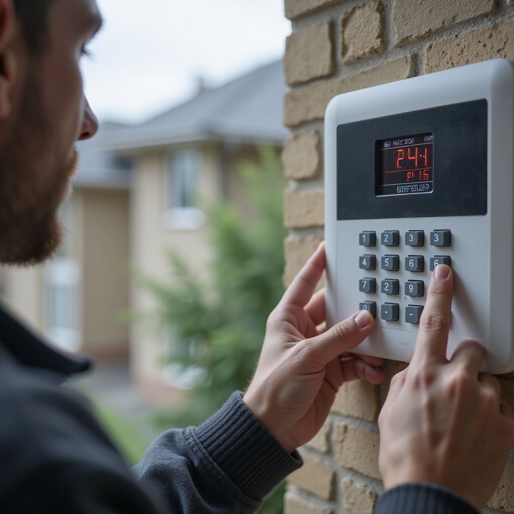 Man entering code on a security system keypad mounted on a brick wall outdoors.