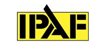 Logo for IPAF: Black text on yellow rectangle with a black diagonal slash through the 