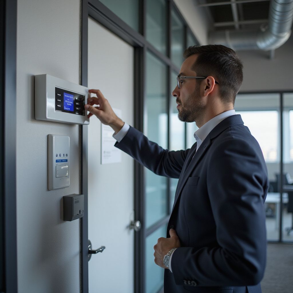 Man in suit adjusts a control panel on a wall in an office setting.