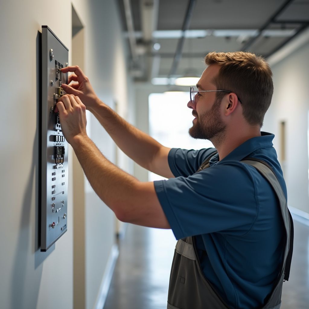 Man installing or adjusting equipment on a wall panel in a hallway.