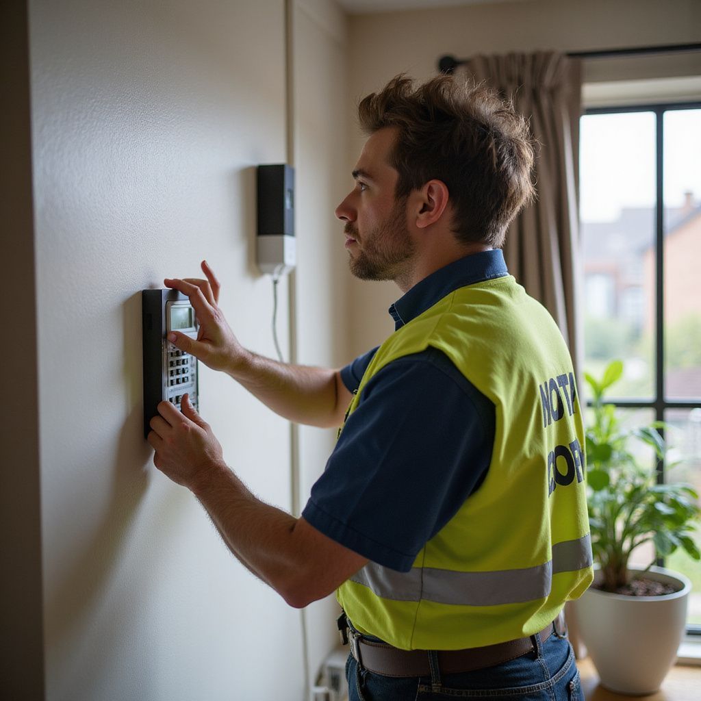 Man in yellow vest adjusts wall-mounted device. Indoors, near a window and plant.