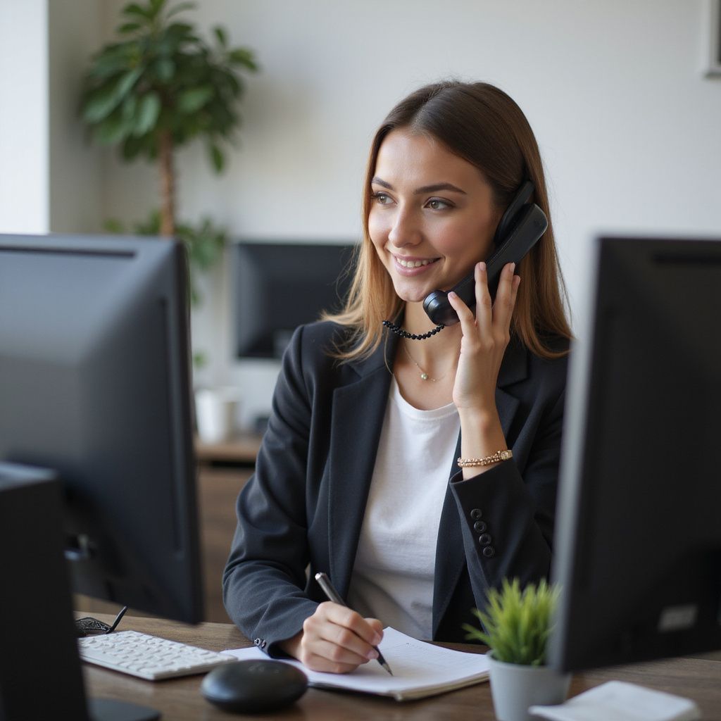 Woman in a blazer on the phone, smiling, taking notes at a desk with two computer monitors.