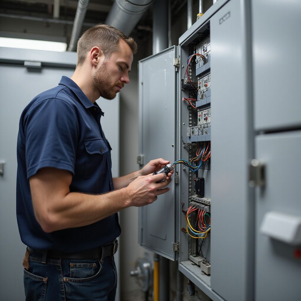 Man in blue shirt working on electrical panel. Industrial setting, tools in hand.