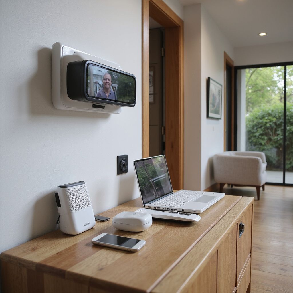 Video doorbell shows a person talking. A desk holds a laptop, phone, speaker, and router in a hallway.