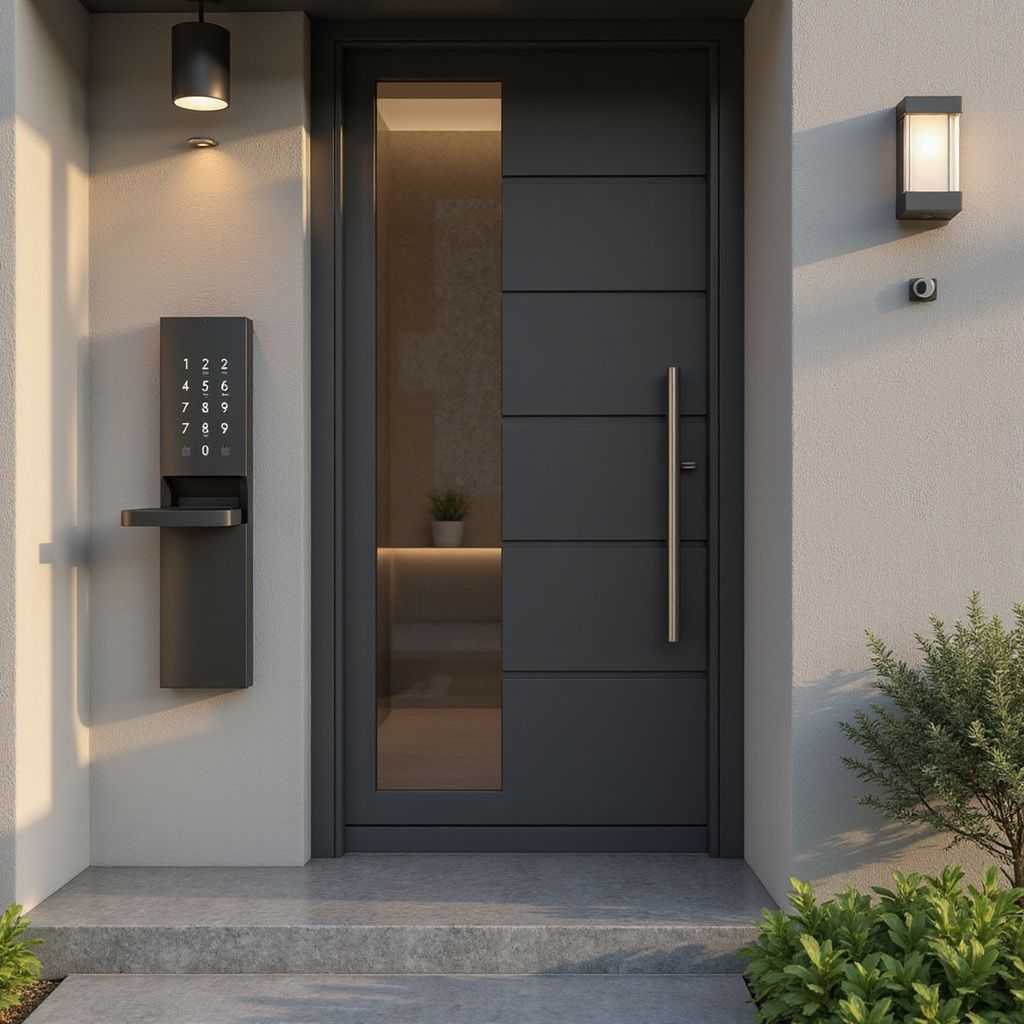 Gray front door with keypad, sidelight, and handle, illuminated by wall lights.