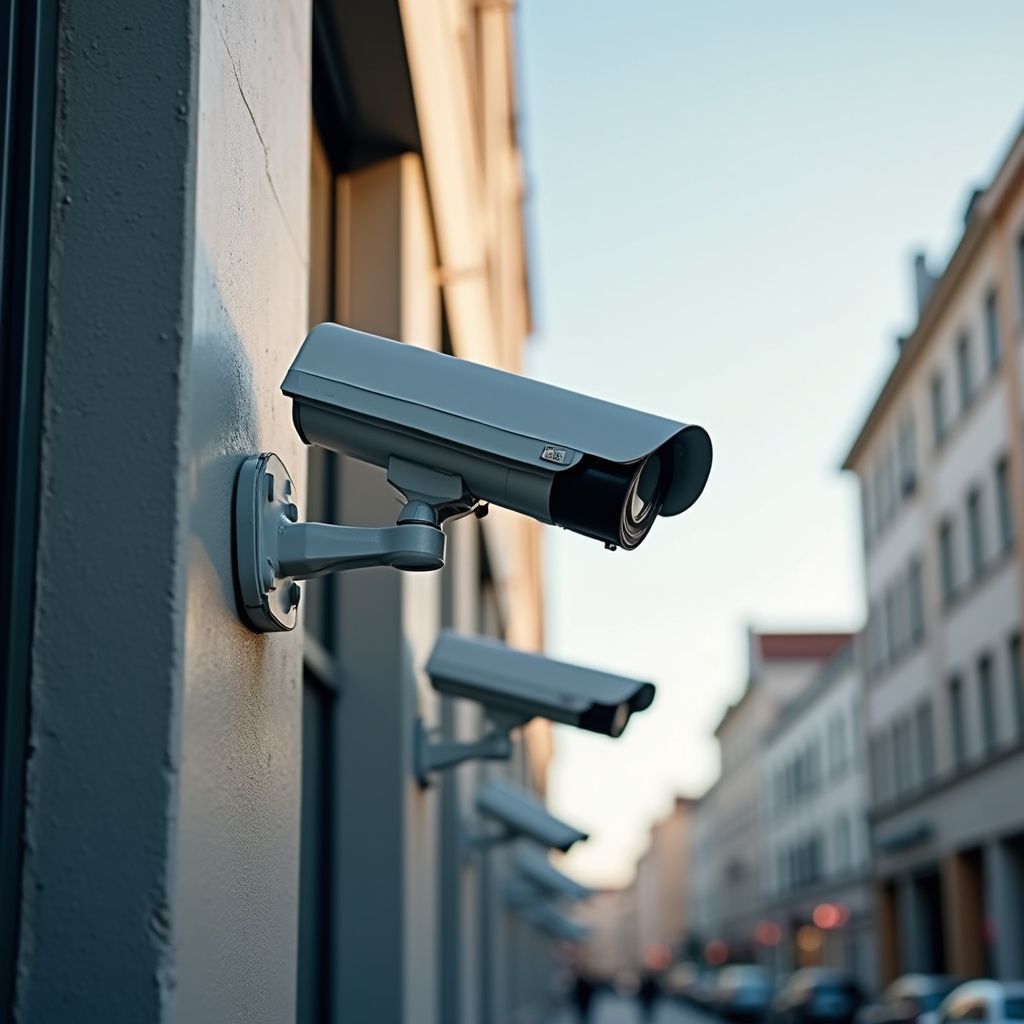 Security cameras mounted on a building exterior, overlooking a city street.