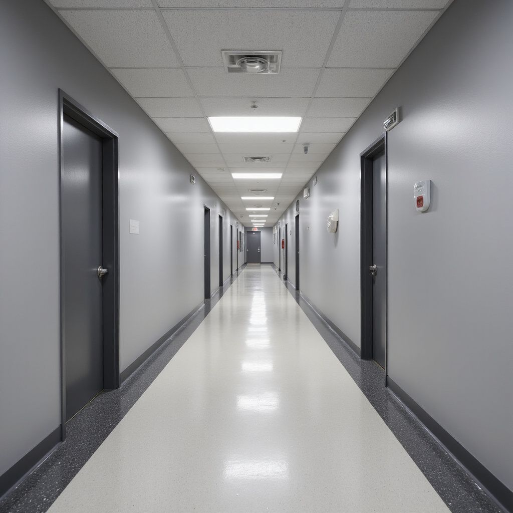 Long, gray hallway with closed doors and fluorescent lights, white floor, and black trim.