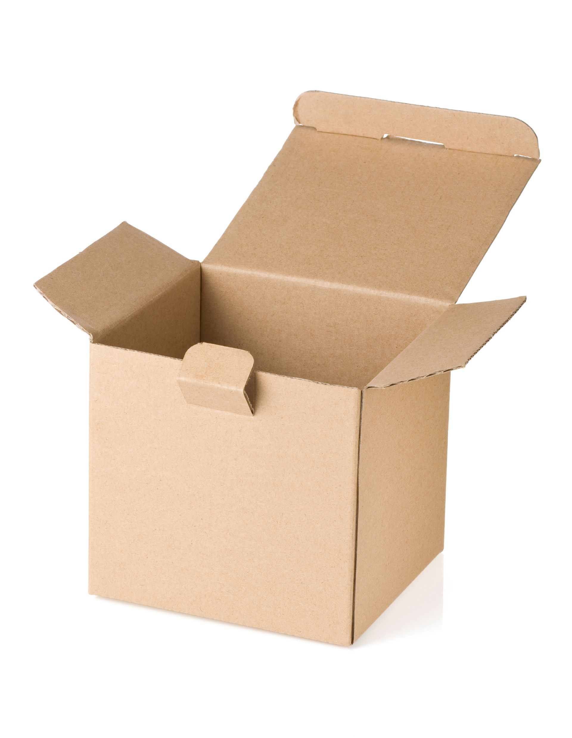 Open cardboard box with a flap partially raised.