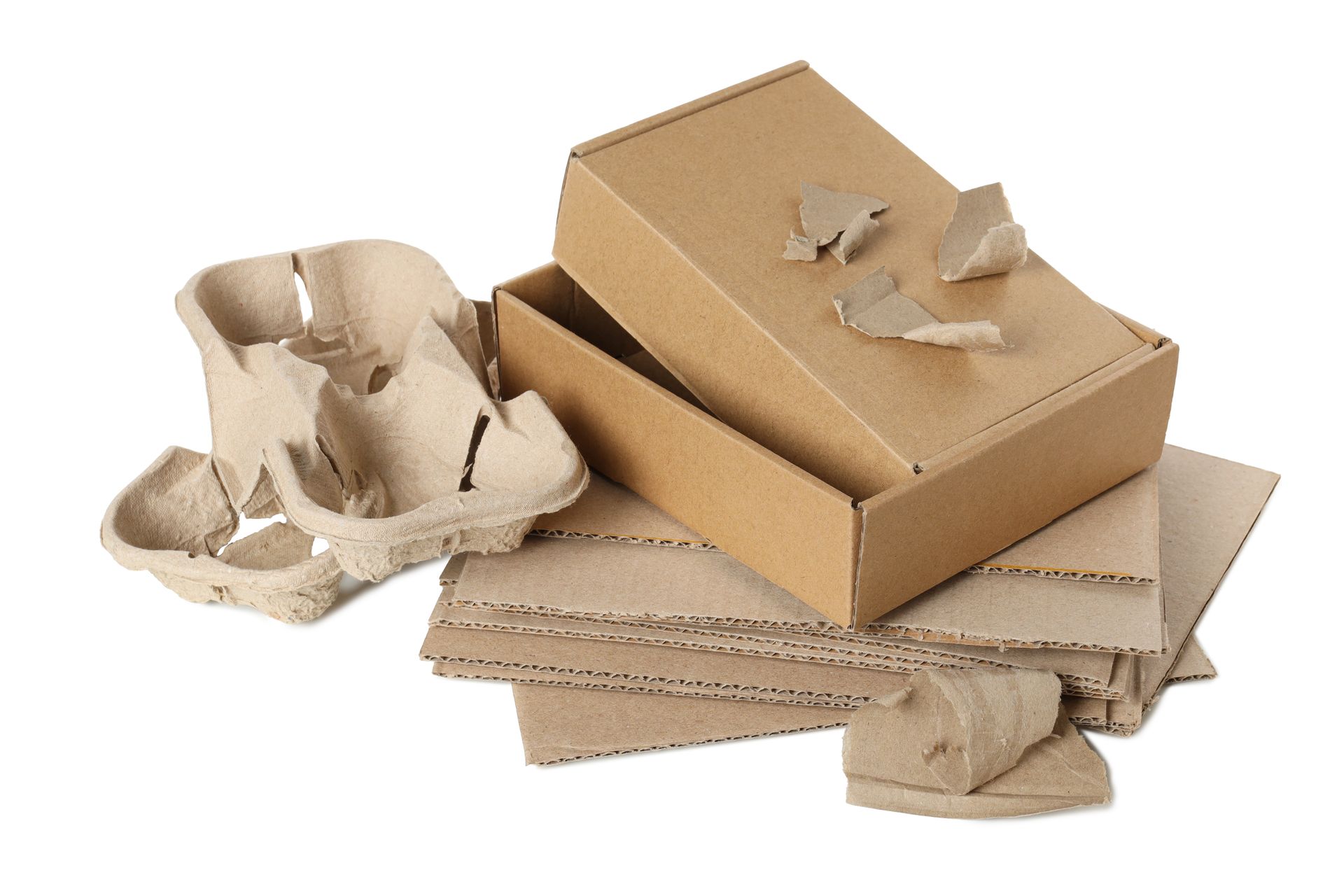 Cardboard box, packaging, and molded pulp in shades of brown on a white background.