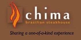 A logo for chima brazilian steakhouse with a flame on it