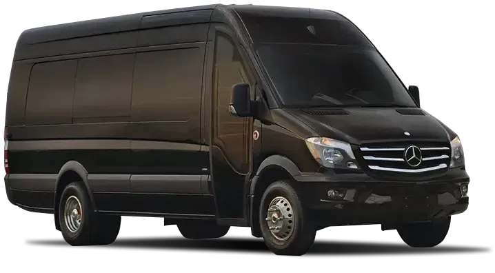 A black mercedes sprinter van is parked on a white background.